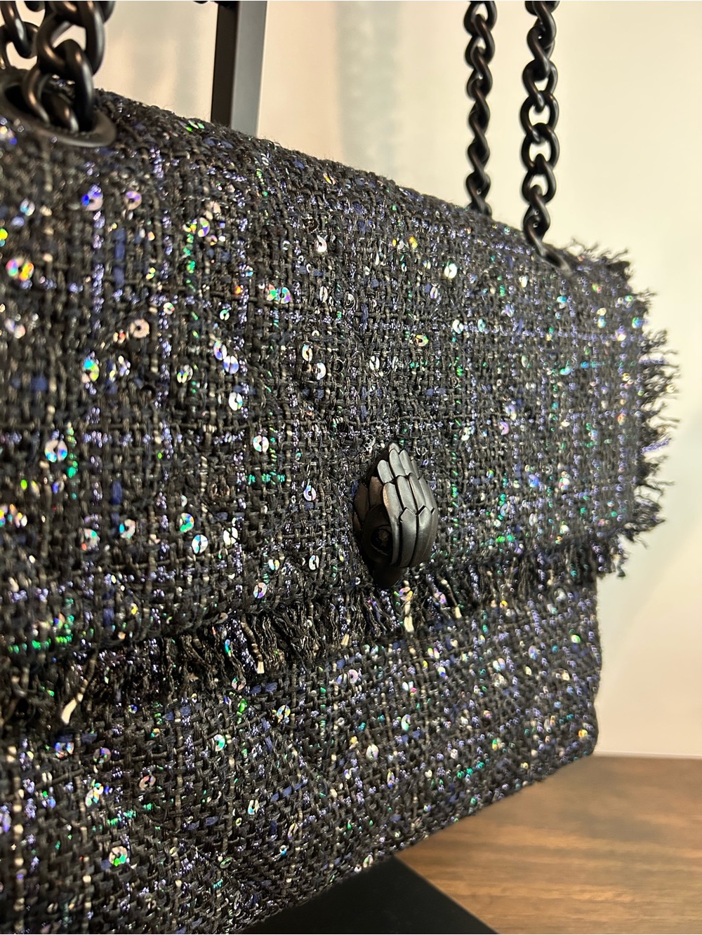 Kurt Geiger Large Kensington Black Sequin Boucle Tweed Chain Crossbody Bag NWT